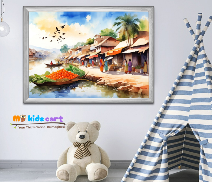 Charming Village Life River and Market Painting Wall Art White (Framed)