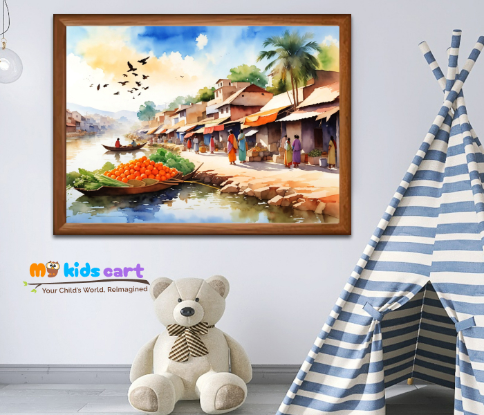 Charming Village Life River and Market Painting Wall Art Wooden (Framed)