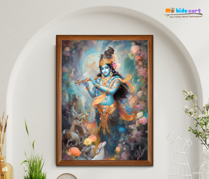 Divine Beauty Shree Krishna Painting with Vibrant Colors Wall Art Wooden (Framed)