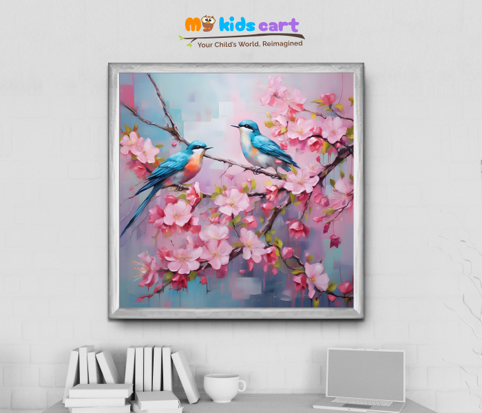 Graceful Sparrow Colorful Bird in Pink Flowers Wall Art White (Framed)