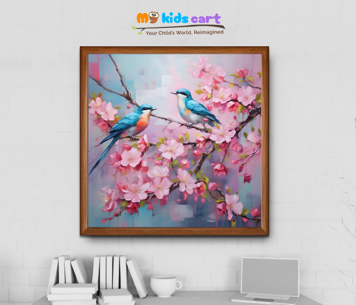 Graceful Sparrow Colorful Bird in Pink Flowers Wall Art Wooden (Framed)