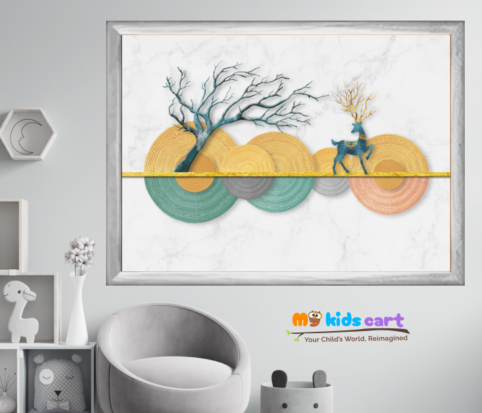 Majestic Deer Random Abstract Colorful Wall Art for Home or Office White (Framed)