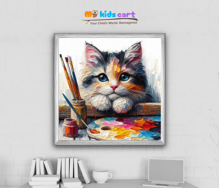 Vibrant Feline Colorful Cat Painting Wall Art White (Framed)