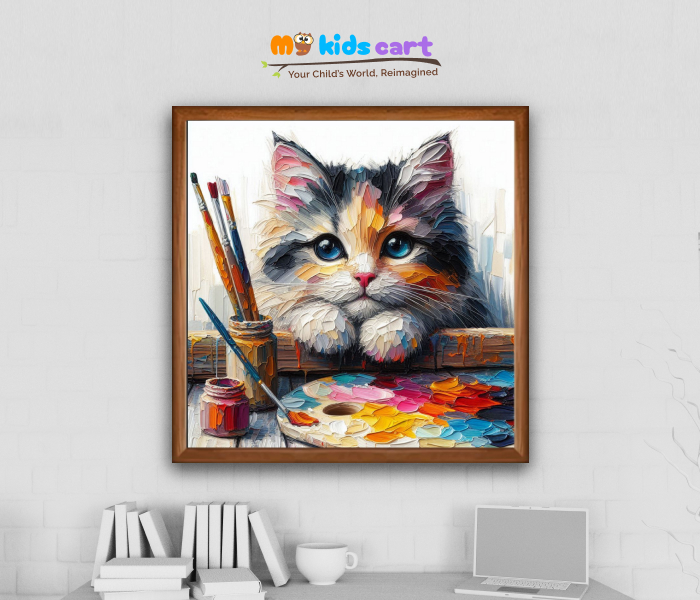 Vibrant Feline Colorful Cat Painting Wall Art Wooden (Framed)