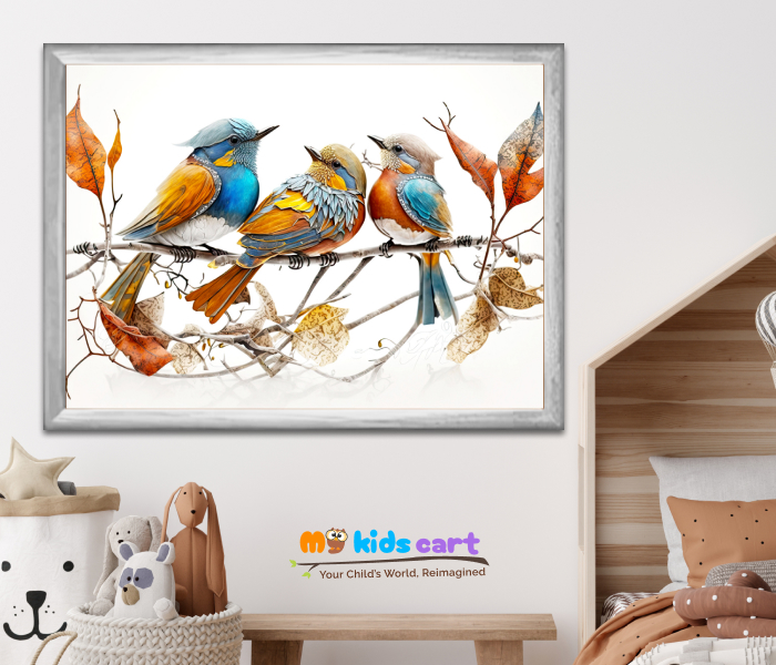 Vibrant Sparrow Small Colorful Bird Painting for Office Wall Art White (Framed)