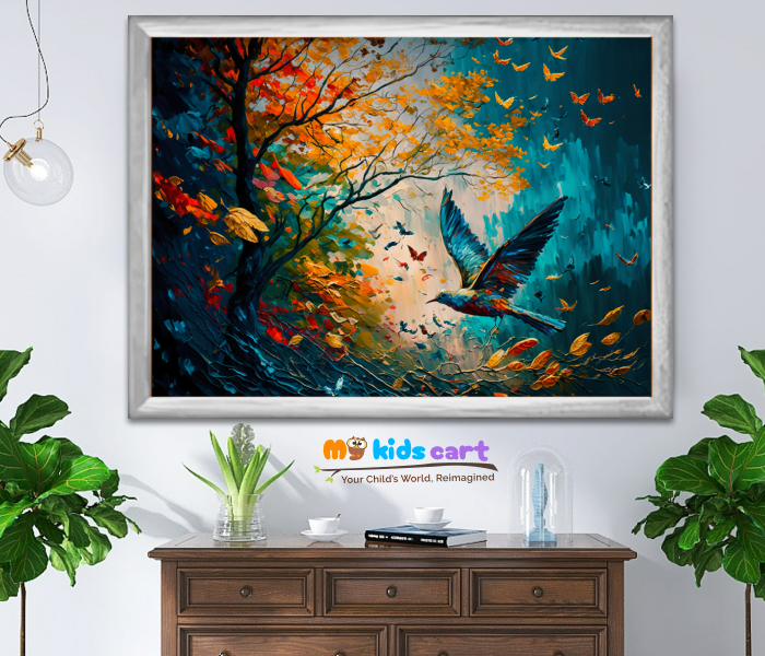 Whimsical Flight Colorful Bird and Butterfly Abstract Office Wall Art White (Framed)