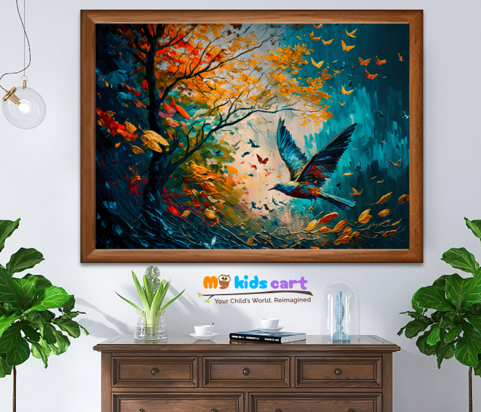 Whimsical Flight Colorful Bird and Butterfly Abstract Office Wall Art Wooden (Framed)