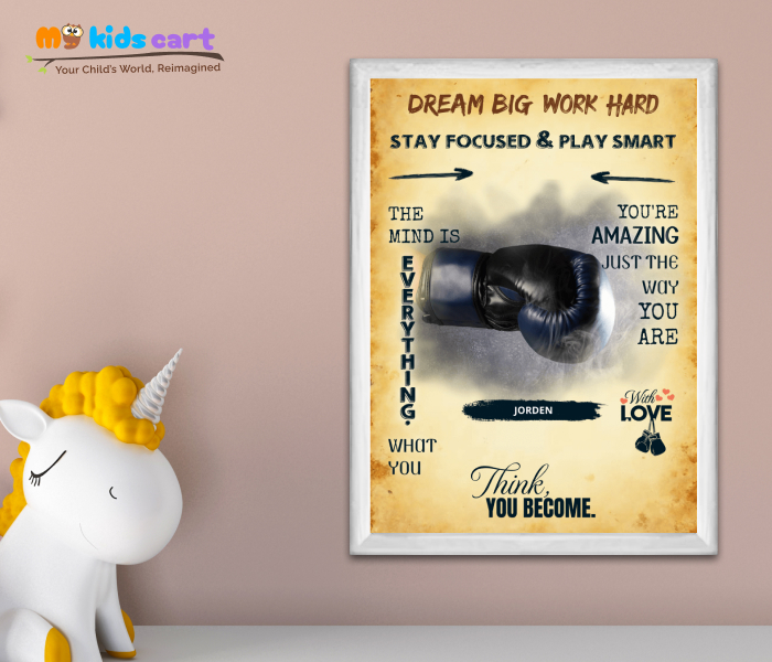 Boxing Player Cream Background Motivational Personalized Poster Wall Art White (Framed)