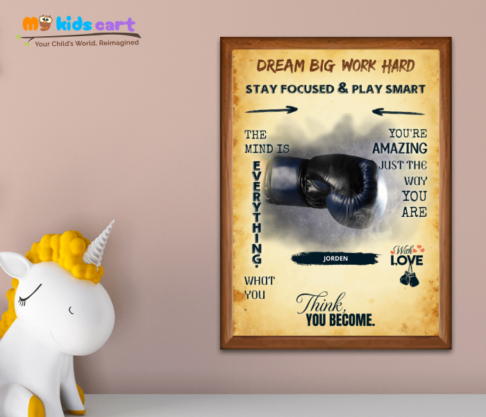 Boxing Player Cream Background Motivational Personalized Poster Wall Art Wooden (Framed)