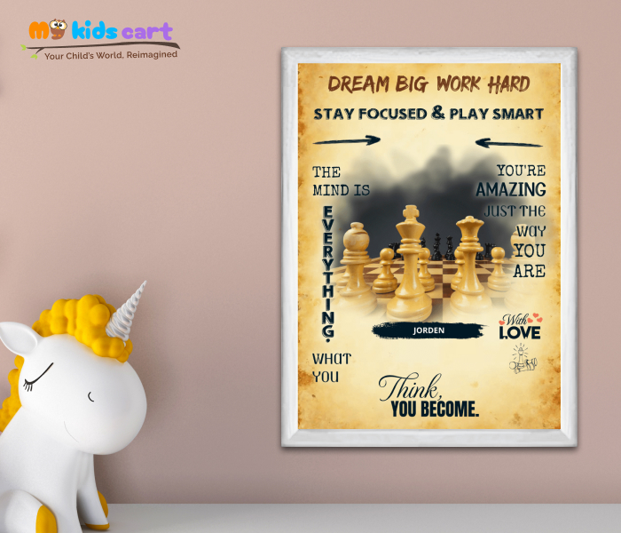 Chess Player Cream Background Portrait Personalized Motivational Wall Art White (Framed)