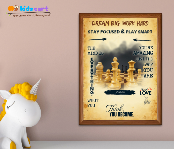 Chess Player Cream Background Portrait Personalized Motivational Wall Art Wooden (Framed)