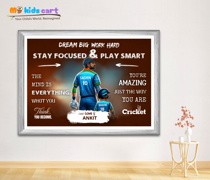 Cricket Boy with Favorite Player Motivational Brown Background Wall Art White (Framed)
