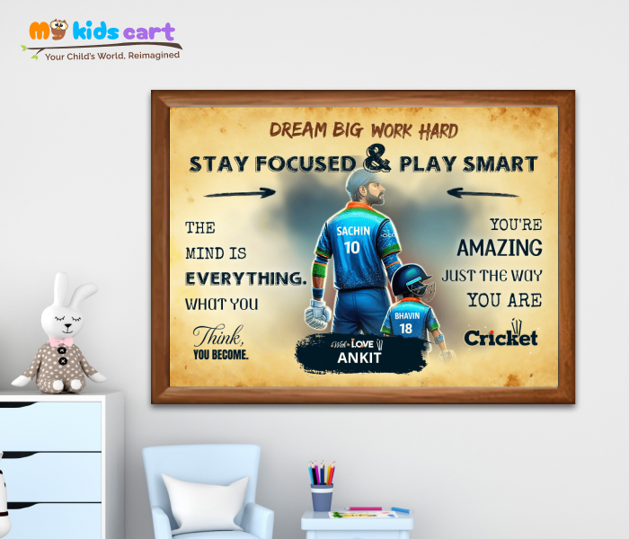Cricket Boy with Favorite Player Motivational Cream Background Wall Art Wooden (Framed)
