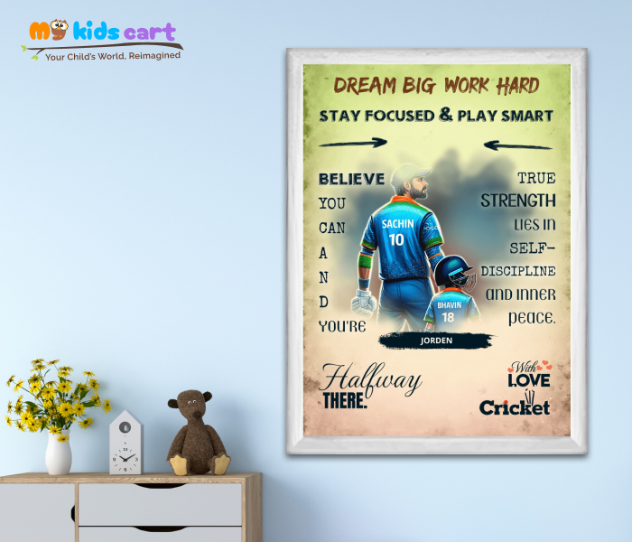 Cricket Boy with Favorite Player Personalized Motivational Colorful Background Wall Art White (Framed)