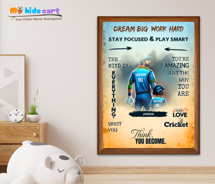 Cricket Boy with Player Personalized Motivational Colorful Background Wall Art Wooden (Framed)