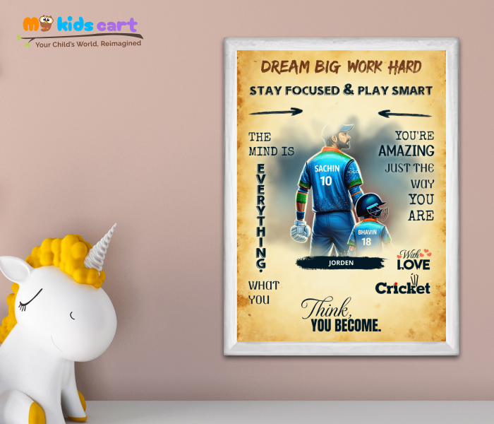 Cricket Boy with Player Personalized Motivational Cream Background Wall Art White (Framed)