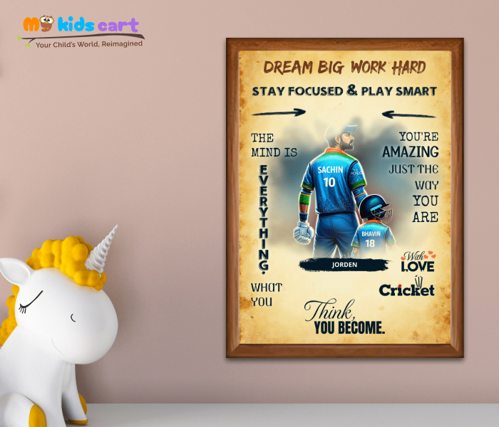 Cricket Boy with Player Personalized Motivational Cream Background Wall Art Wooden (Framed)