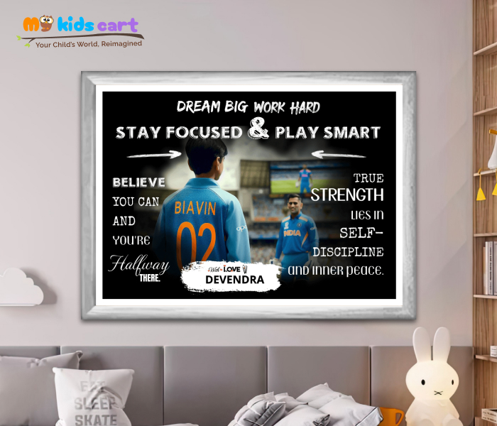 Cricket Player Boy with MS Dhoni Personalized Motivational Black Background Wall Art White (Framed)