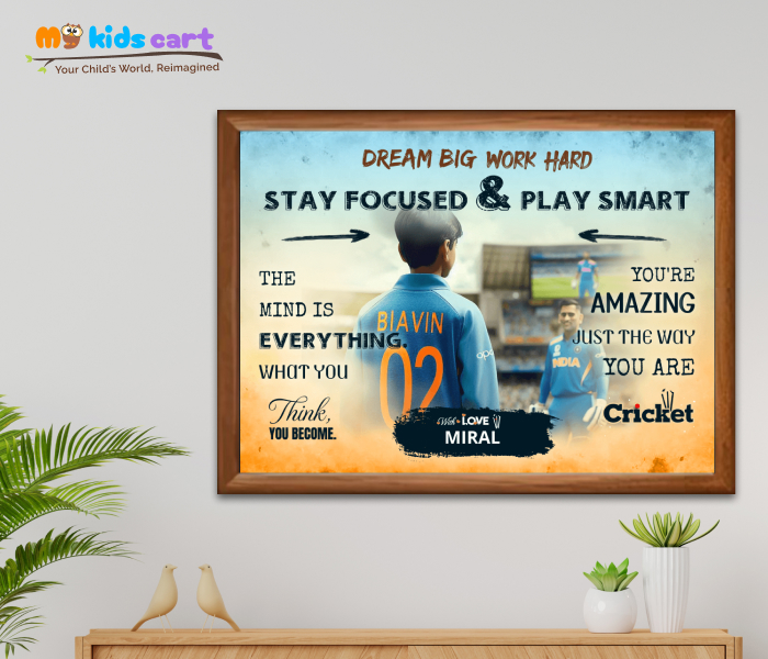 Cricket Player Boy with MS Dhoni Personalized Motivational Colorful Background Wall Art Wooden (Framed)