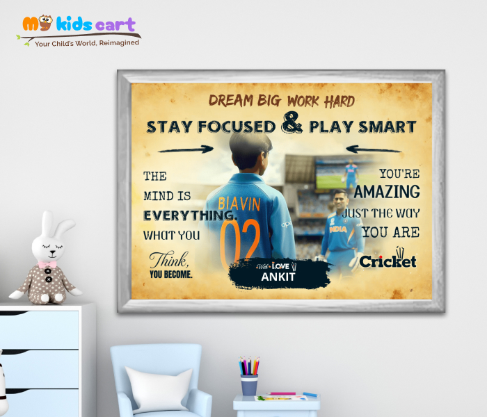 Cricket Player Boy with MS Dhoni Personalized Motivational Cream Background Wall Art White (Framed)