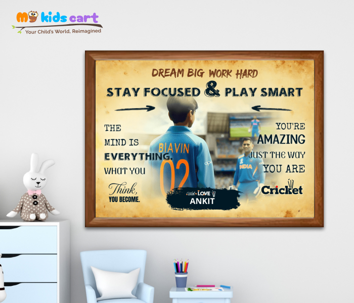 Cricket Player Boy with MS Dhoni Personalized Motivational Cream Background Wall Art Wooden (Framed)