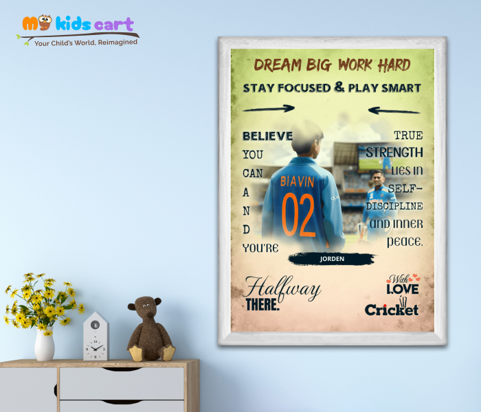 Cricket Player with MS Dhoni Motivational Colorful Background Wall Art White (Framed)