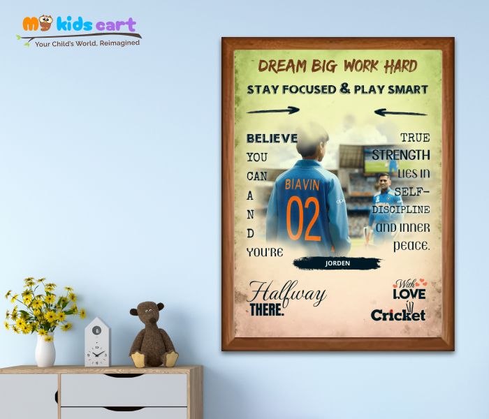 Cricket Player with MS Dhoni Motivational Colorful Background Wall Art Wooden (Framed)