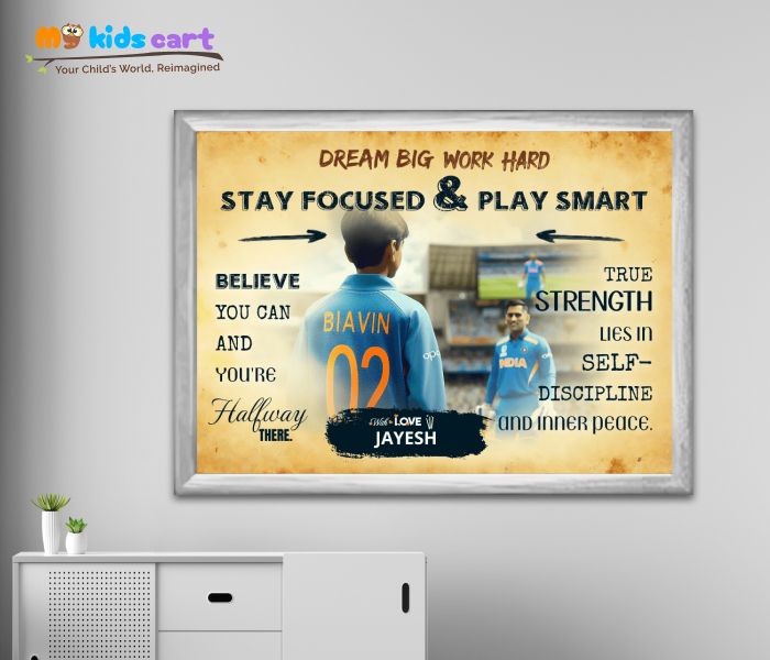 Cricket Player with MS Dhoni Personalized Motivational Cream Background Wall Art White (Framed)