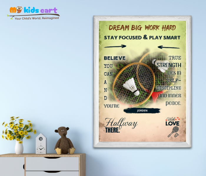 Customized Badminton Boy Poster Personalized Motivational Wall Art Art White (Framed)