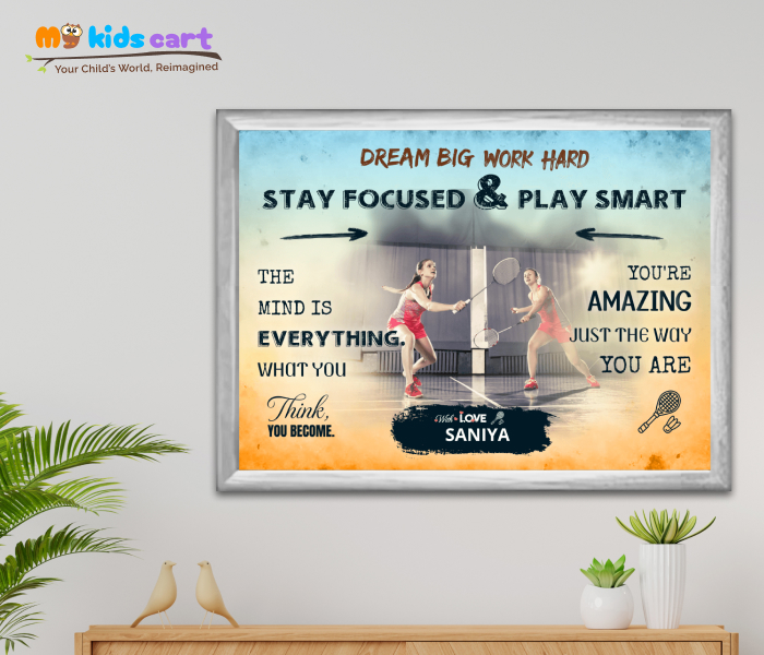 Customized Badminton Girl Boy Poster Personalized Motivational Wall Art White (Framed)
