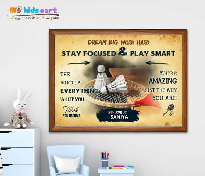 Customized Badminton Quote Yellow Background Poster Personalized Motivational Wall Art Wooden (Framed)