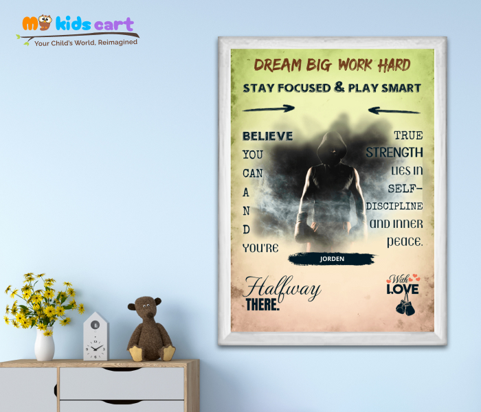 Customized Boxing Player Colorful Background Motivational Personalized Poster Wall Art White (Framed)