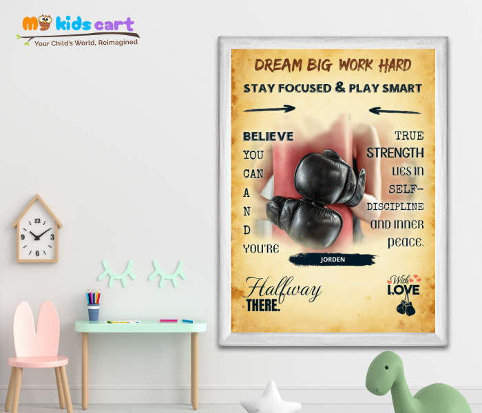 Customized Boxing Player Cream Background Motivational Personalized Poster Wall Art White (Framed)