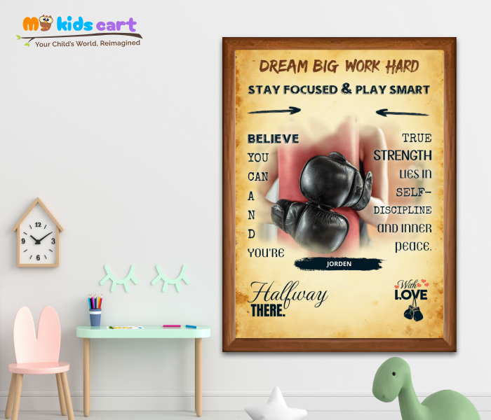 Customized Boxing Player Cream Background Motivational Personalized Poster Wall Art Wooden (Framed)