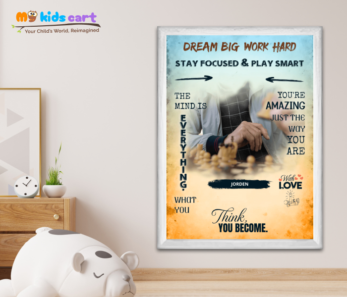 Customized Chess Player Boy Colorful Background Portrait Personalized Motivational Wall Art White (Framed)