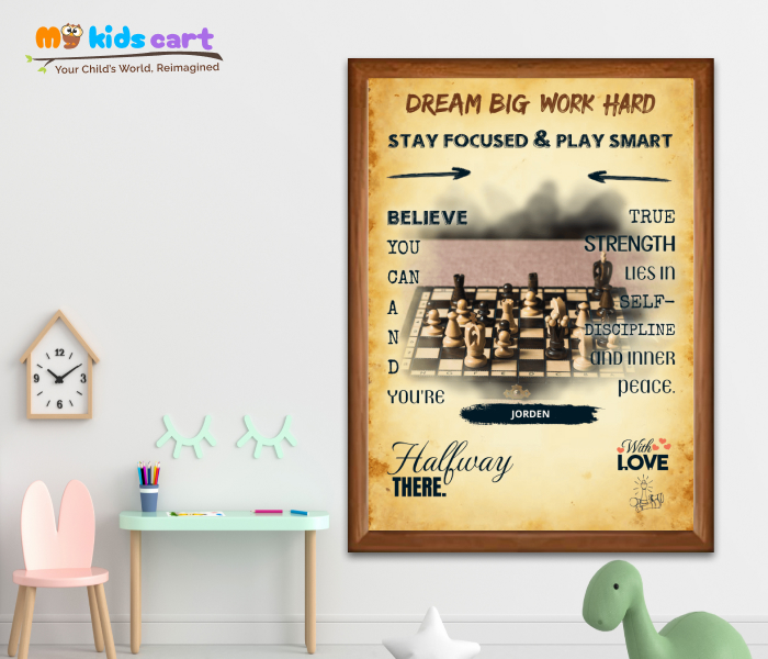 Customized Chess Player Boy Cream Background Personalized Motivational Wall Art Wooden (Framed)