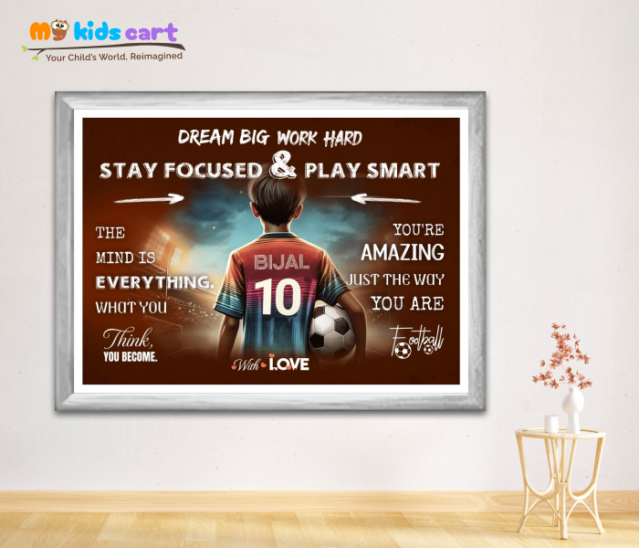 Customized Football Boy Brown Background Personalized Motivational Wall Art White (Framed)