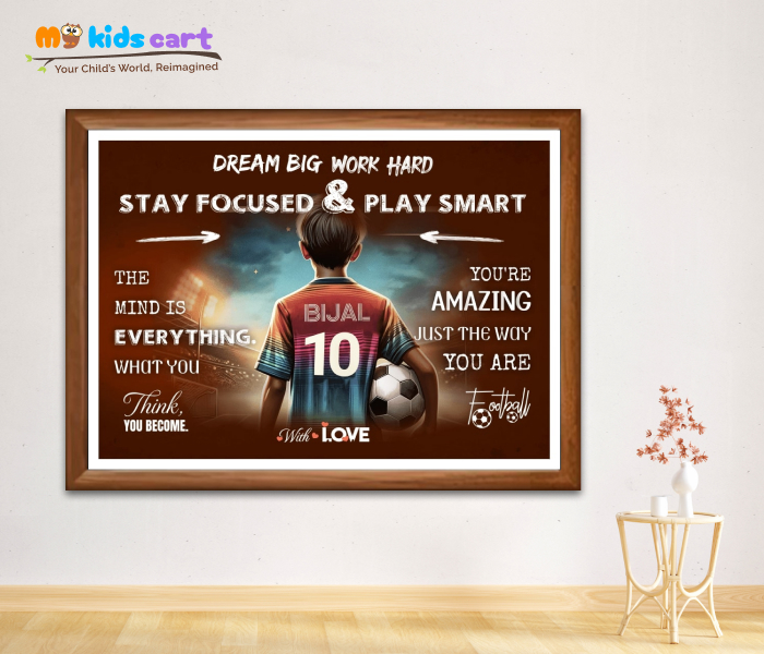 Customized Football Boy Brown Background Personalized Motivational Wall Art Wooden (Framed)
