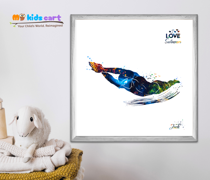 Customized Swimming Boy Poster Personalized Motivational Wall Art White (Framed)