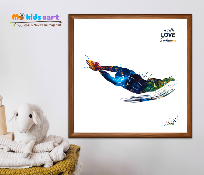 Customized Swimming Boy Poster Personalized Motivational Wall Art Wooden (Framed)