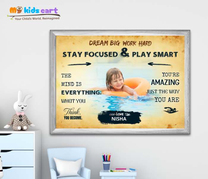 Customized Swimming Girl Cream Background Poster Personalized Motivational Wall Art White (Framed)