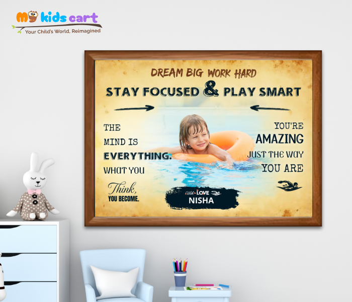 Customized Swimming Girl Cream Background Poster Personalized Motivational Wall Art Wooden (Framed)