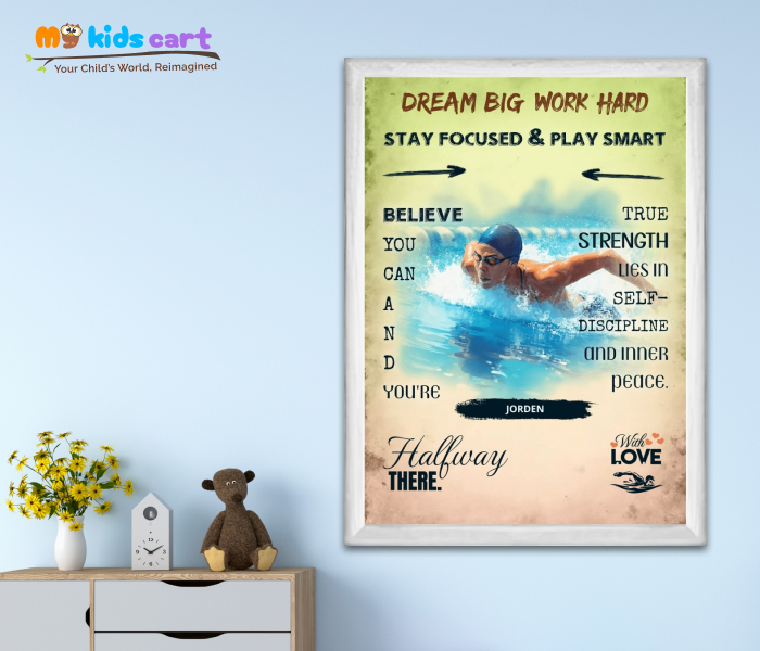 Customized Swimming Player Boy Colourful Background Personalized Motivational Wall Art White (Framed)