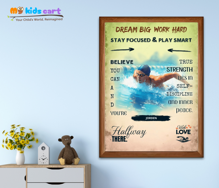 Customized Swimming Player Boy Colourful Background Personalized Motivational Wall Art Wooden (Framed)