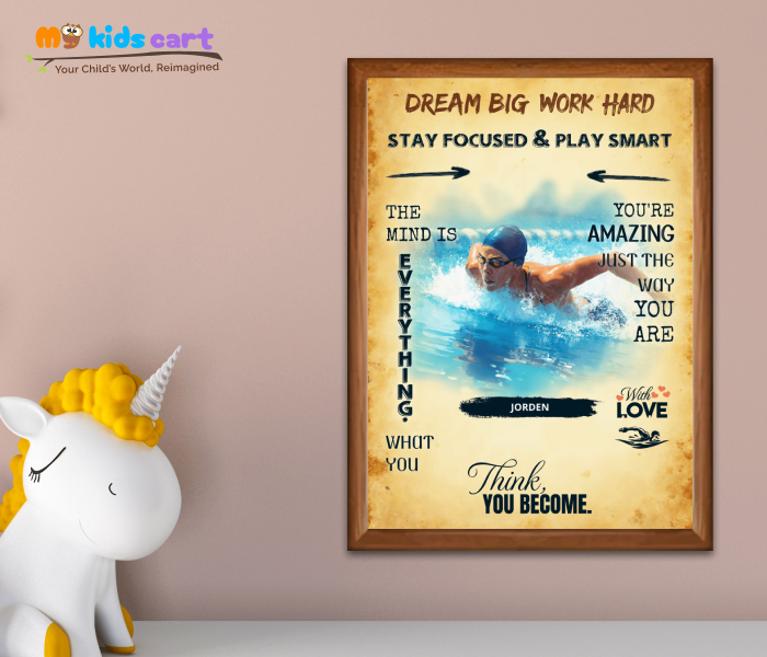 Customized Swimming Player Boy Cream Background Personalized Motivational Wall Art Wooden (Framed)