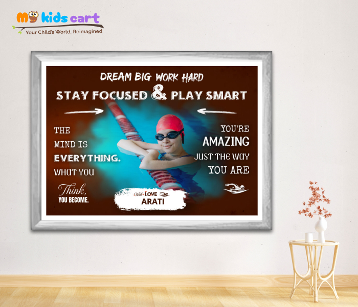 Customized Swimming Player Brown Background Poster Personalized Motivational Wall Art White (Framed)