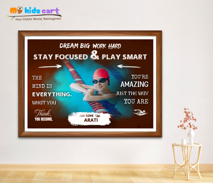 Customized Swimming Player Brown Background Poster Personalized Motivational Wall Art Wooden (Framed)