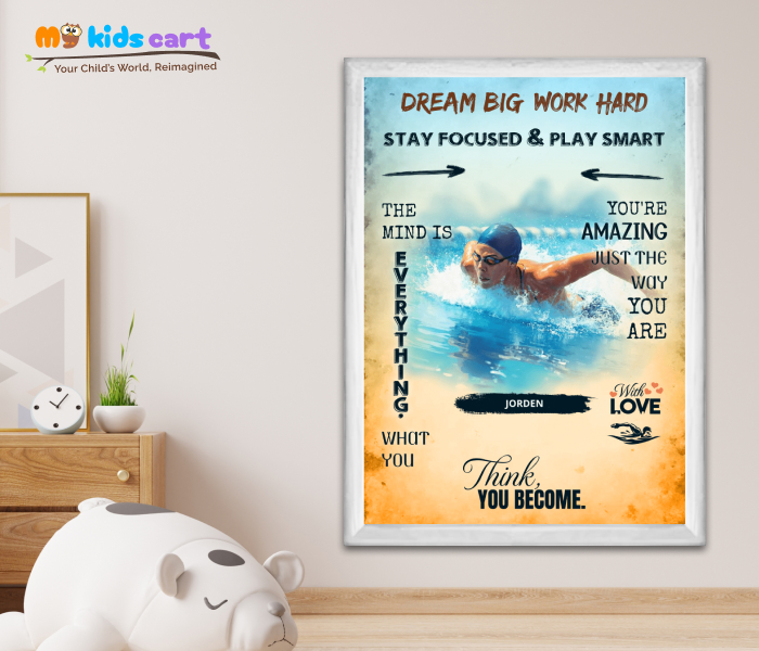 Customized Swimming Player Colourful Background Personalized Motivational Wall Art White (Framed)