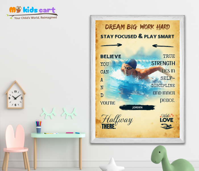 Customized Swimming Player Cream Background Personalized Motivational Wall Art White (Framed)