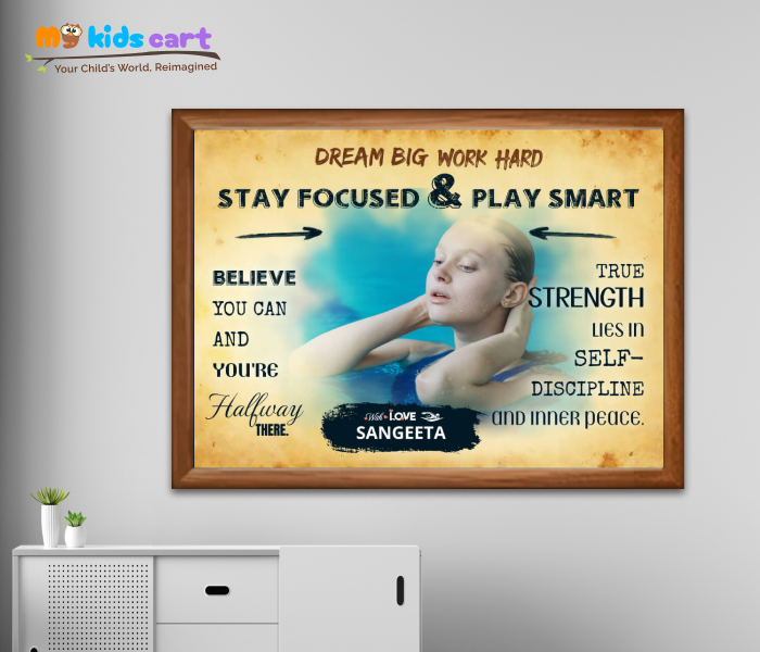 Customized Swimming Player Cream Background Poster Personalized Motivational Wall Art Wooden (Framed)